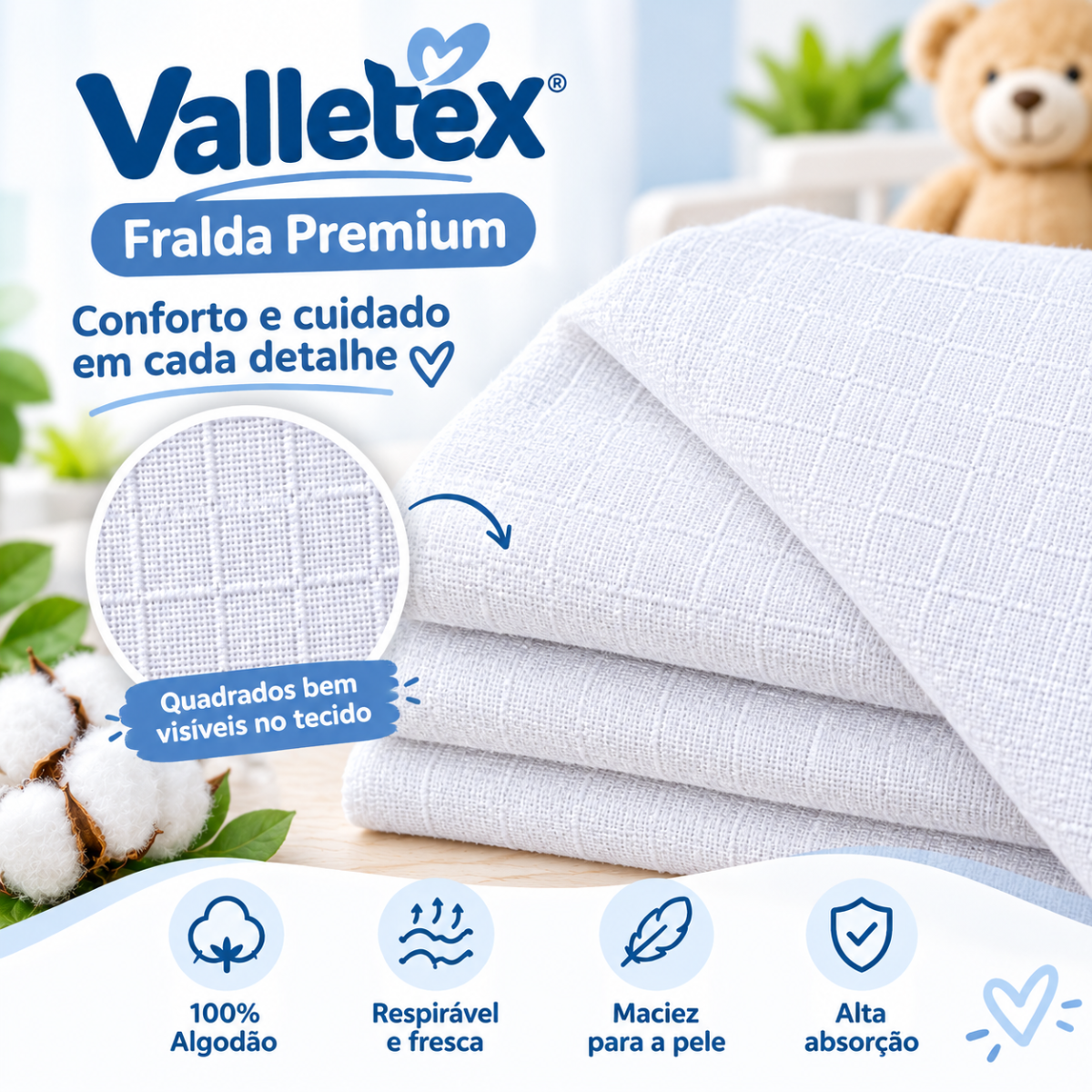 Tecido Fralda Quadriculada Premium – Valletex – 1.40 X 0.80 mt